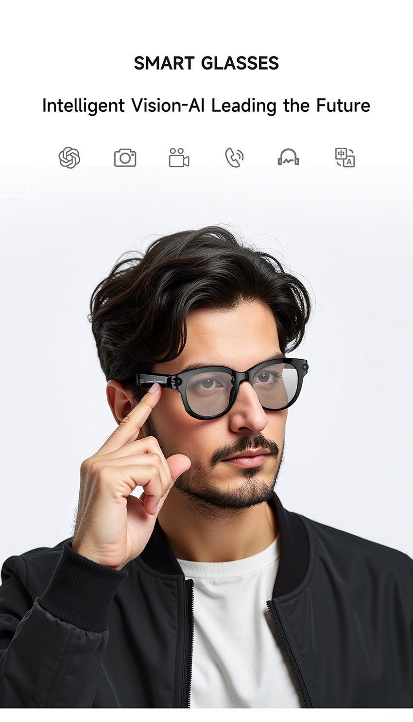 AI Smart Glasses – Built-In Camera, Open-Ear Audio & AI Assistant, Bluetooth, Black/White - 图片 2