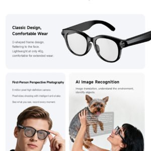 AI Smart Glasses – Built-In Camera, Open-Ear Audio & AI Assistant, Bluetooth, Black/White