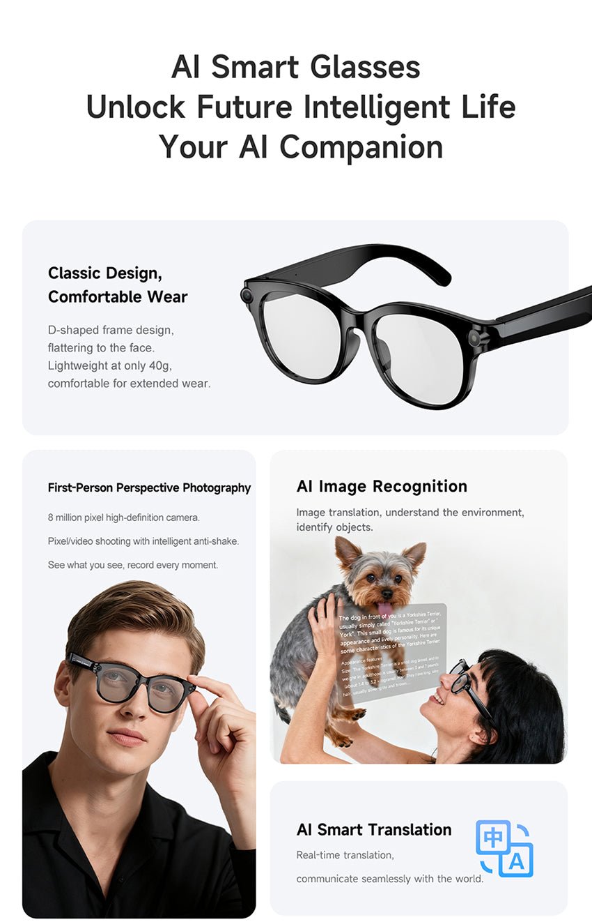 AI Smart Glasses – Built-In Camera, Open-Ear Audio & AI Assistant, Bluetooth, Black/White