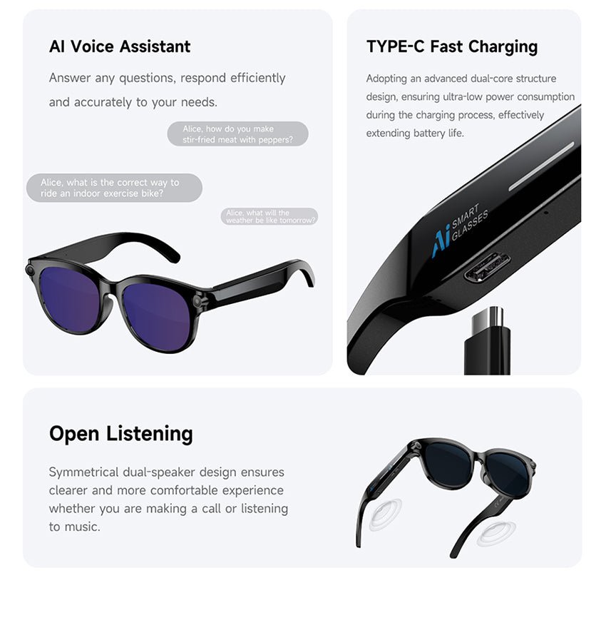 AI Smart Glasses – Built-In Camera, Open-Ear Audio & AI Assistant, Bluetooth, Black/White - 图片 3